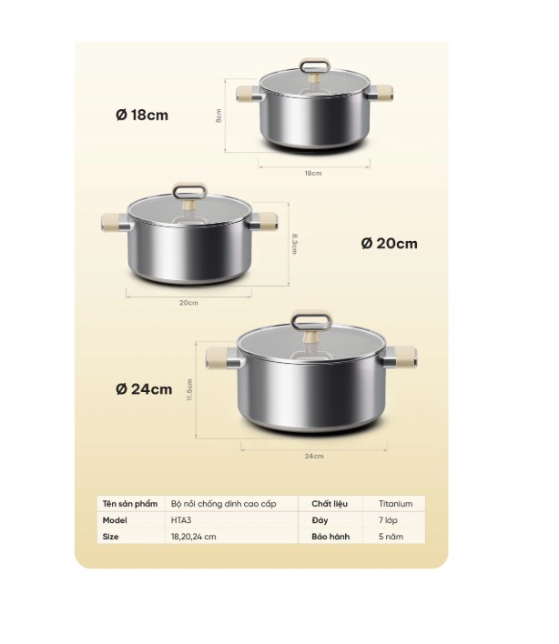 Bộ 3 Nồi Inox 316 Haatz HTA3 Phủ Titanium Aura Chống Dính Tốt, Dẫn Nhiệt Đều, Dùng Mọi Bếp - Hàng Chính Hãng Bảo Hành 5 Năm