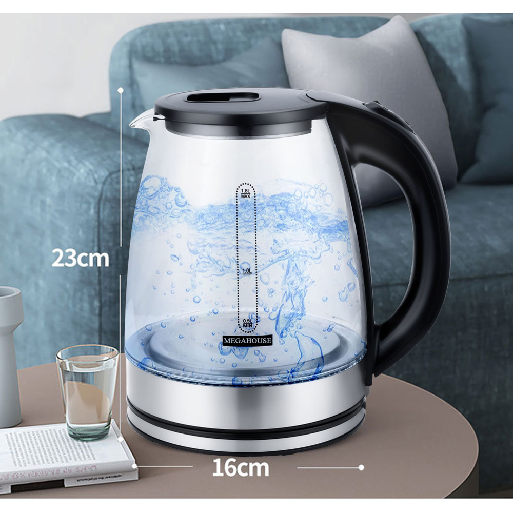 Ấm siêu tốc thủy tinh cao cấp MEGA HOUSE electric kettle MG168 bình siêu tốc loại 1.8L 1500w sôi nhanh, tự ngắt, bền đẹp, đèn led - hàng chính hãng.