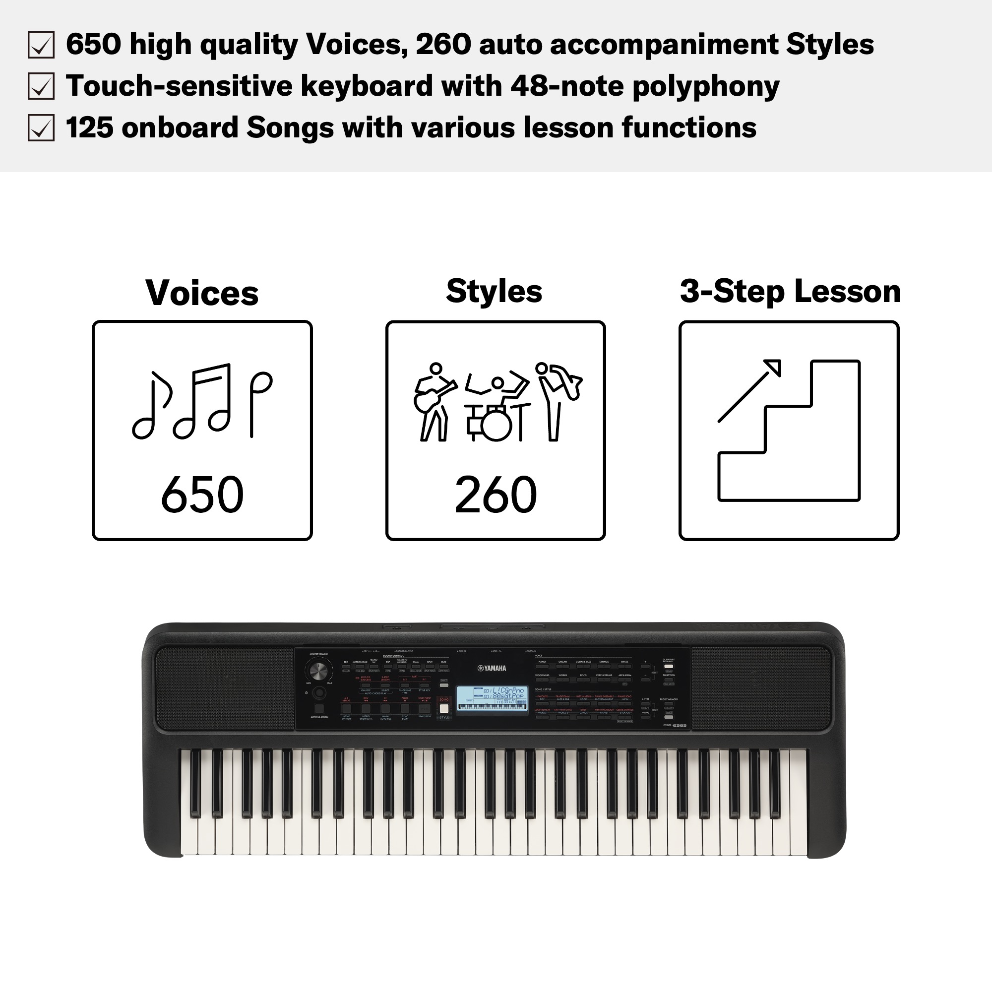 Đàn Organ (Keyboard) điện tử YAMAHA PSR-E383 - Phiên bản tiêu chuẩn dành cho người mới bắt đầu với chức năng tự học, bàn phím cảm ứng lực (Touch response),bảo hành chính hãng 12 tháng