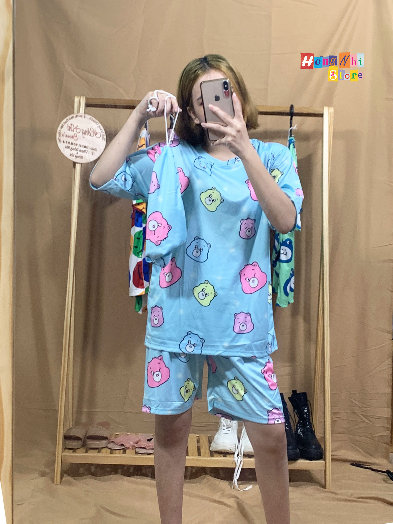 Bộ Thun Ngủ Hoạt Hình Tay Lỡ Kèm Túi Vải Phối Quần Short Oversize Ulzzang Dáng Rộng - MM