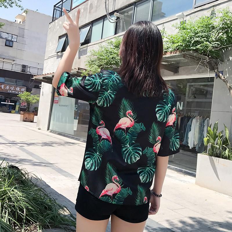 Áo sơ mi ngắn tay in họa tiết chim hồng hạc dễ thương dành cho nữ
