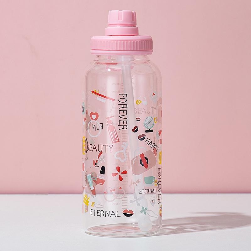 Bình Đựng Nước Thủy Tinh Hàn Quốc Cute Decor Nắp Vặn Có Ống Hút 450 ml - HUMI