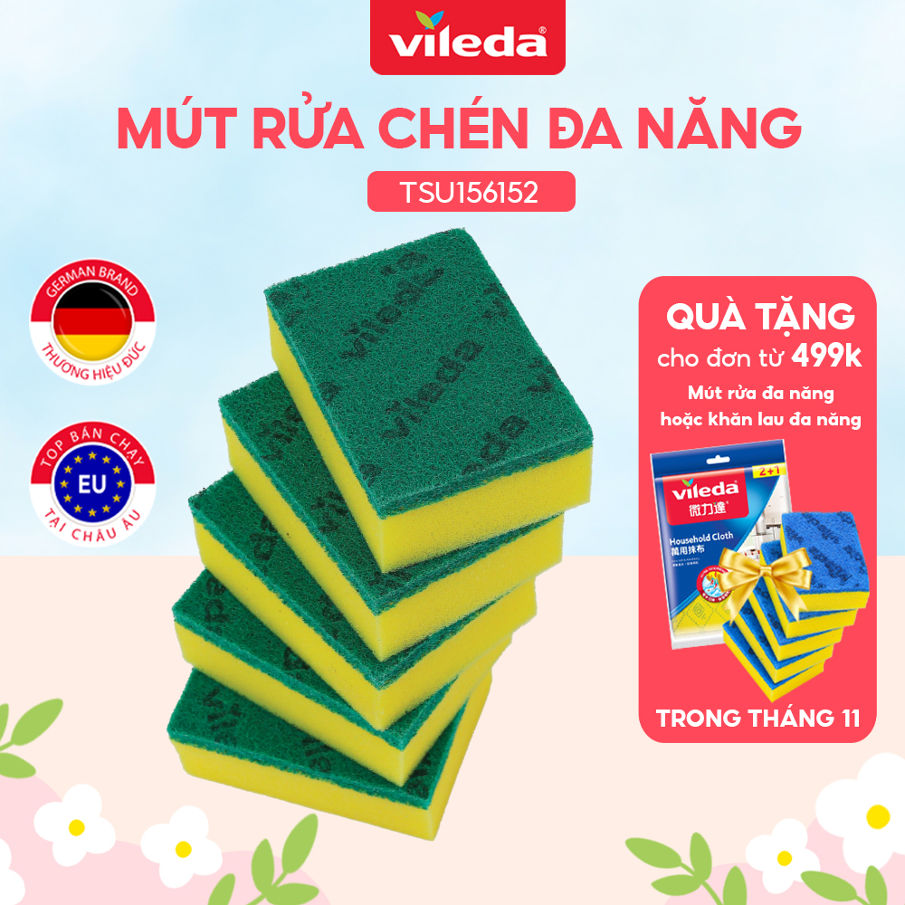 Mút rửa chén, cọ rửa xoong nồi VILEDA chống vi khuẩn gây mùi, bền chắc, gói 5 miếng