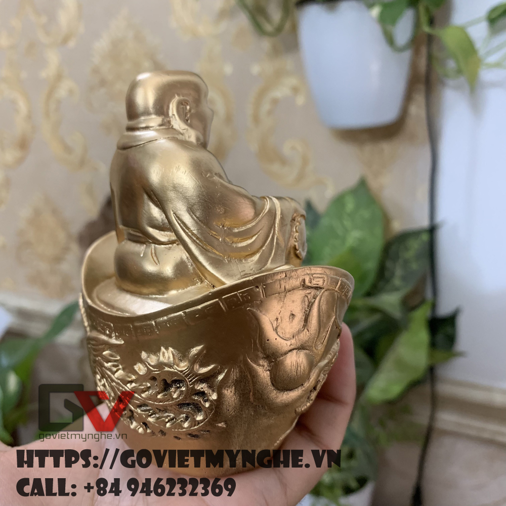 Tượng Phật Di Lặc _ tượng Phật Di Lặc ngồi trên thỏi vàng chạm khắc hình Long &amp;amp; Phụng - Cao 10cm