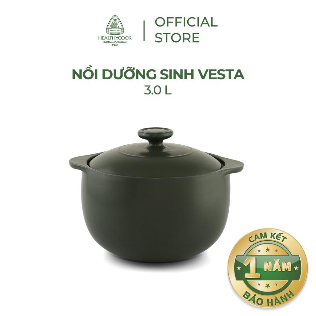 Nồi dưỡng sinh Vesta (Nồi tròn cao) 3.0 L + nắp  Healthy Cook Xanh Rêu Sứ cao cấp Minh Long