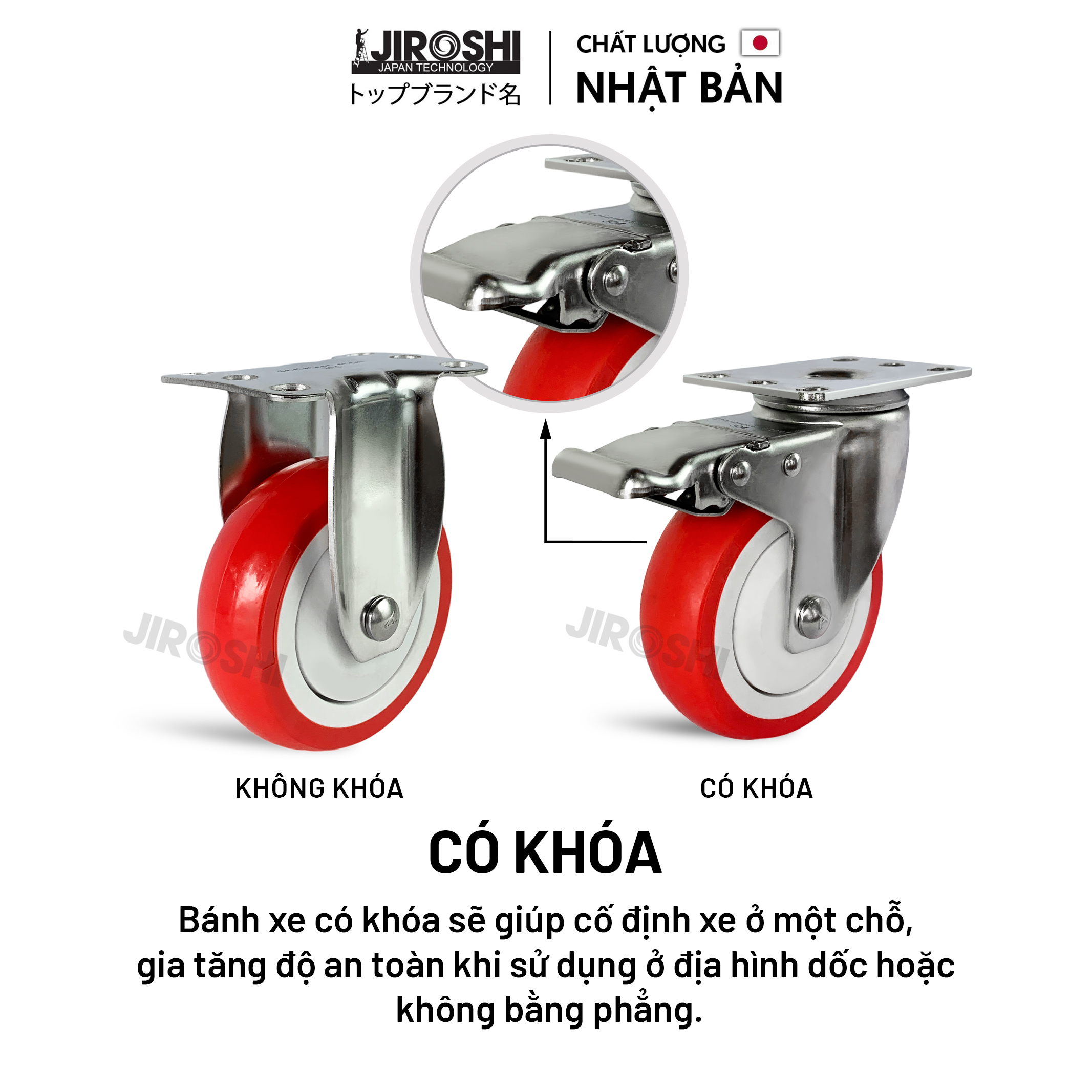 Bánh xe đẩy hàng chịu tải lớn JIROSHI Nhật Bản , Bánh xe nhựa PU Càng chất liệu INOX 304 chống ô xi hóa