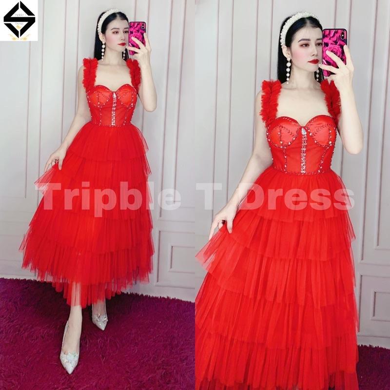 Đầm xoè dự tiệc xếp tầng kết cườm ngực cúp bra TRIPBLE T DRESS -Size M/L - MS160V