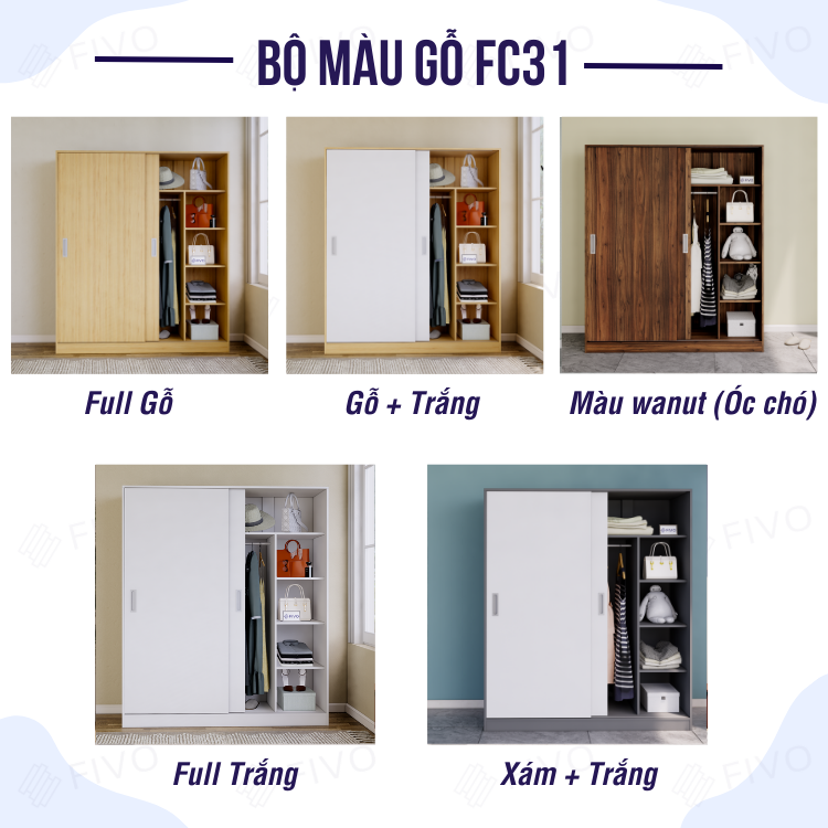 Tủ Quần Áo Gỗ FIVO FC31 Gỗ Chống Ẩm Cao Cấp Dày Dặn, Cửa Lùa Thiết Kế Nhiều Ngăn Chứa Đa Năng