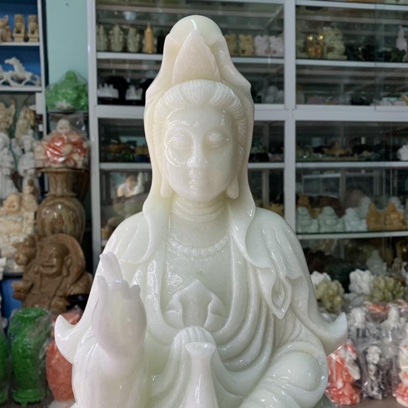 Tượng Phật Quan Thế Âm Bồ Tát Ngồi Đài Sen Cầu Bình An Đá Cẩm Thạch Trắng - cao 51cm