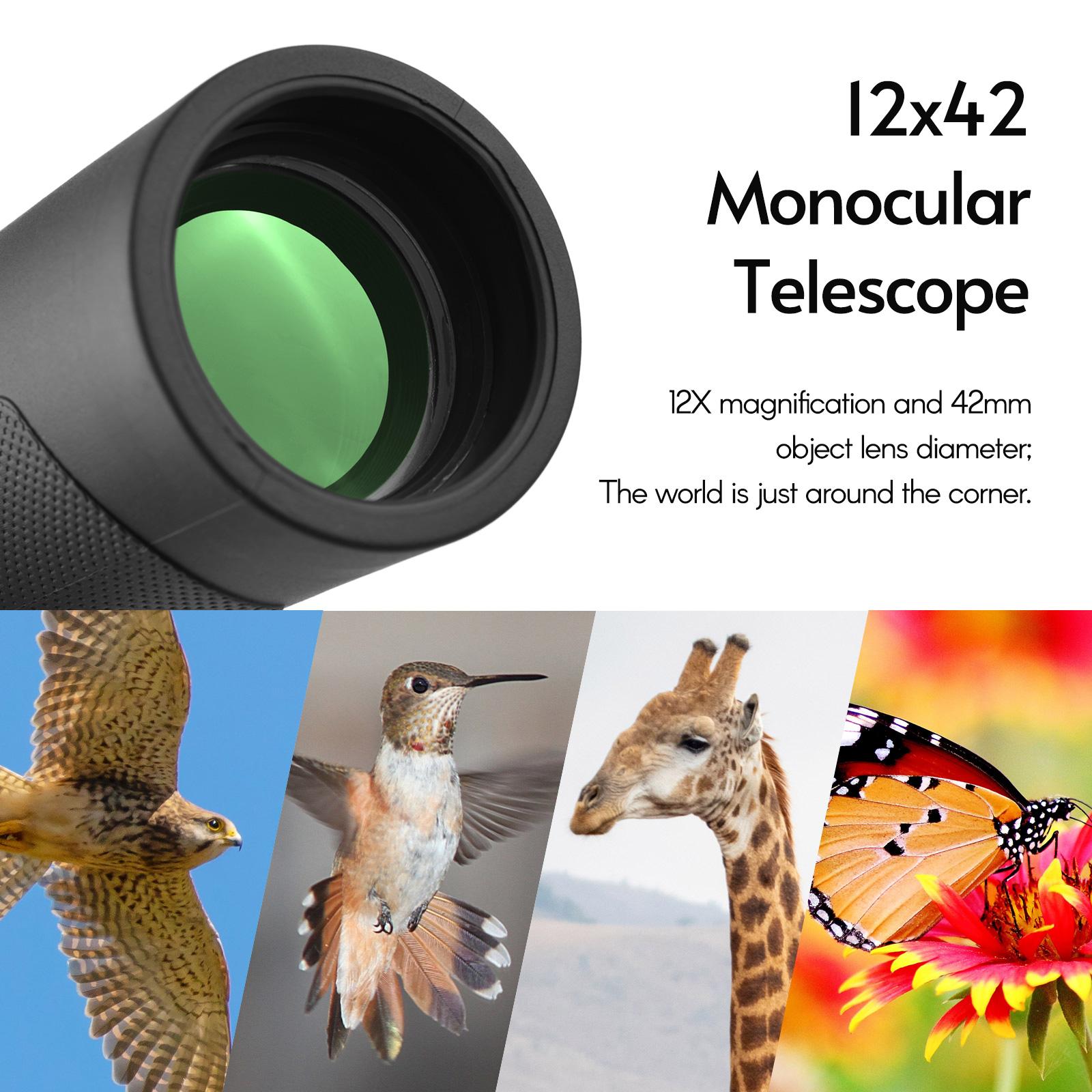 12X42 HD Monocular Telescope Optical Lens Waterproof Fogproof with Adjustable Mini Tripod Universal Phone Holder