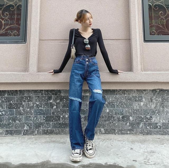 Quần Jean Culottes Lưng Cao Dáng Dài
