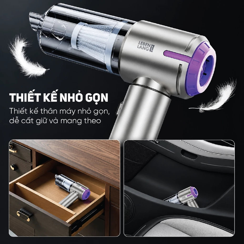 Máy hút bụi cầm tay mini không dây Lê Bên Làng LBL1663, tích hợp hút & thổi 2 trong 1, công suất 12000Pa, pin sạc 2000mAh cho 4h sử dụng - Hàng chính hãng
