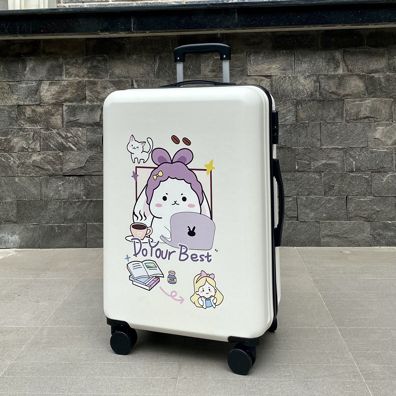 HÌNH THẬT_Vali Du Lịch Tay Kéo In Hình Thỏ Con Dễ Thương Chất Liệu Nhựa Nhám PC+ABS Dày Dặn 4 Bánh Xe Xoay 360 Độ Hàng Sẵn Đủ Size 20/24/26 inch