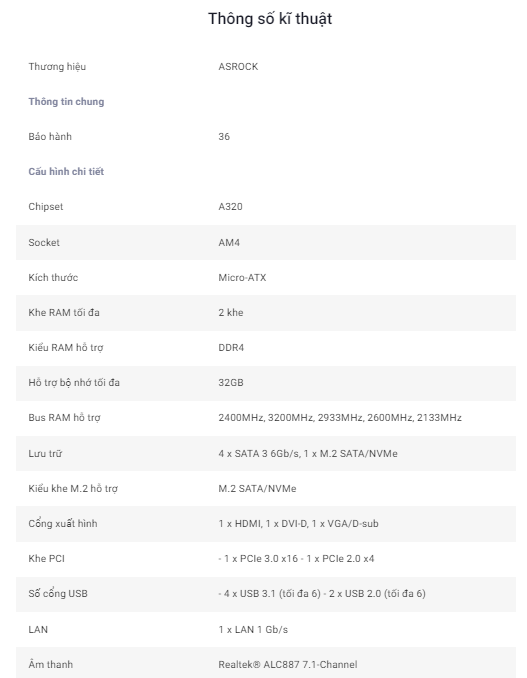 Mainboard ASRock A320M-HDV Hàng Chính Hãng