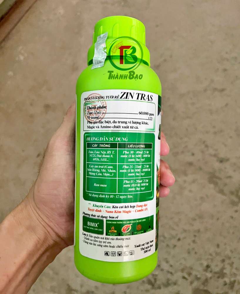 ZinTras Amino Kẽm Magie Nano (chai 500ml) Rửa Bông Sương Muối, Xanh Lá Dày Lá, Bóng Lá, áo Giáp Kẽm Bảo Vệ Hoa Trái