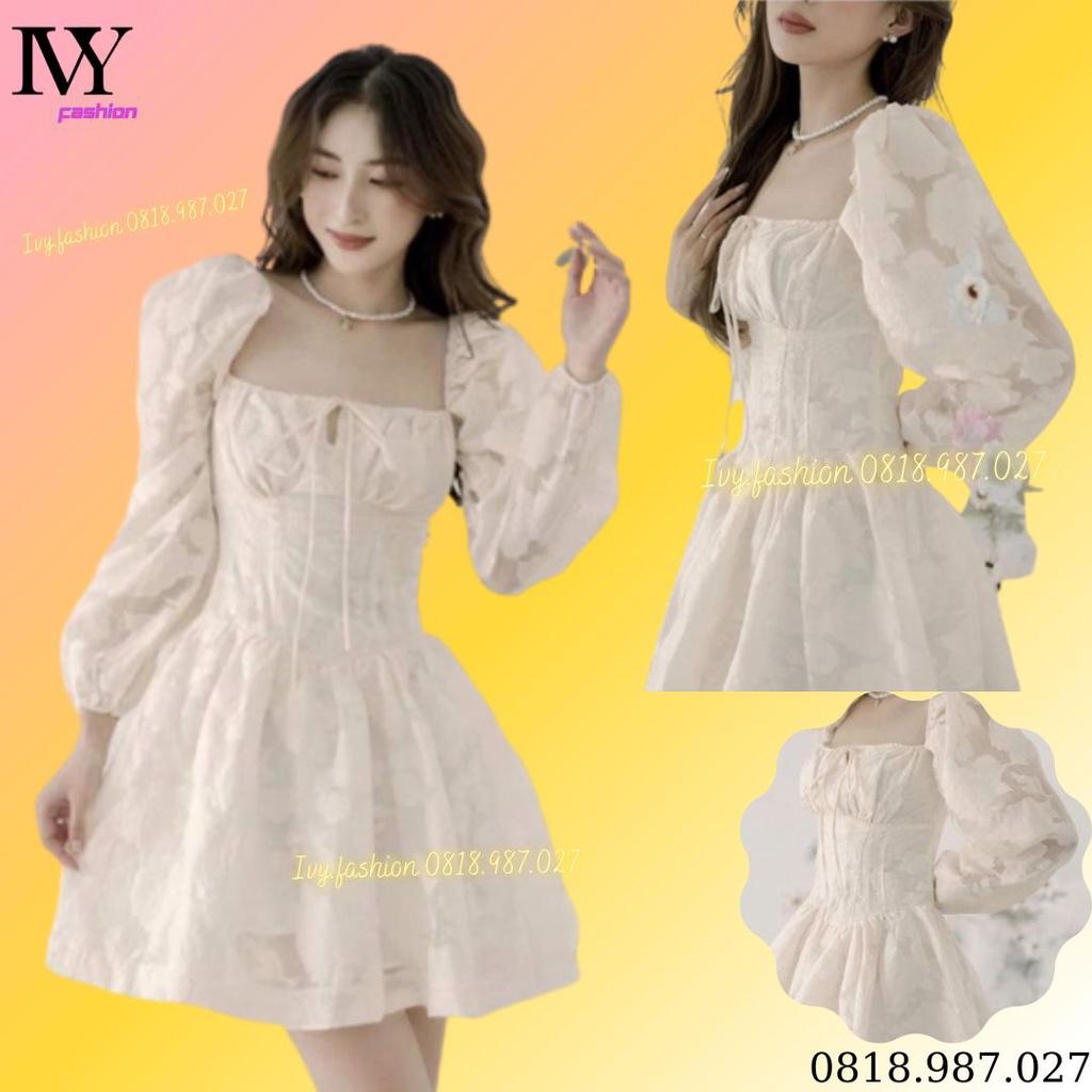Đầm xòe tay dài phồng chất ren hoa cổ vuông dây nơ xếp ly đi biển dự tiệc cao cấp size S M L chiết eo