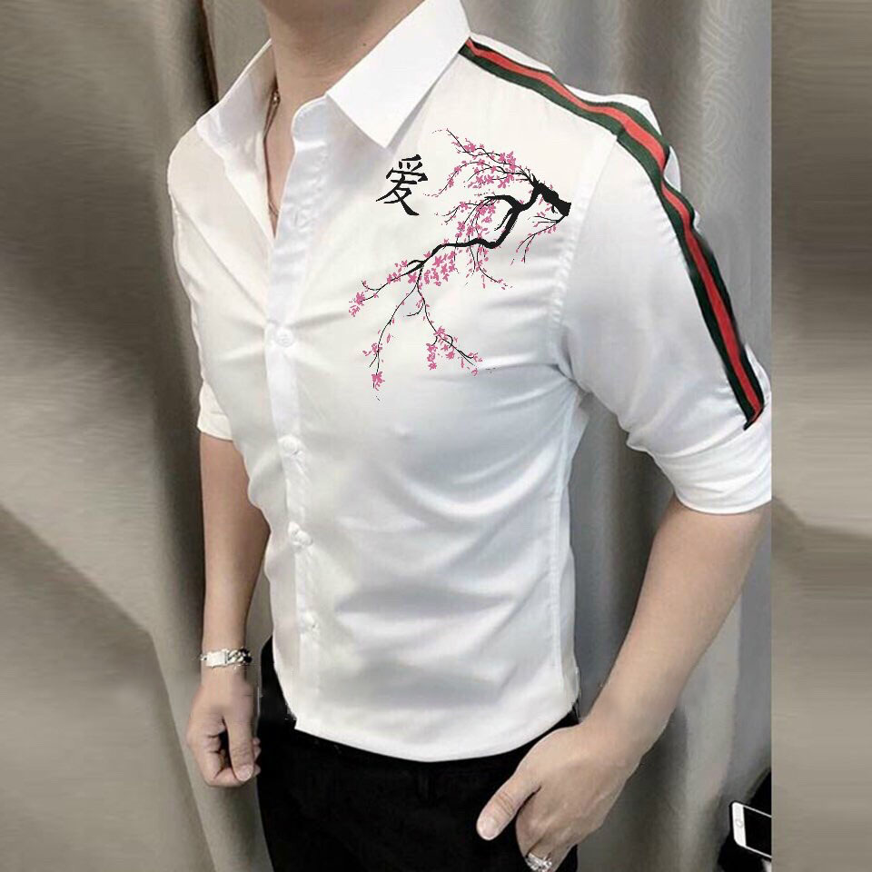Sơ mi nam viền vai họa tiết hoa anh đào thời trang