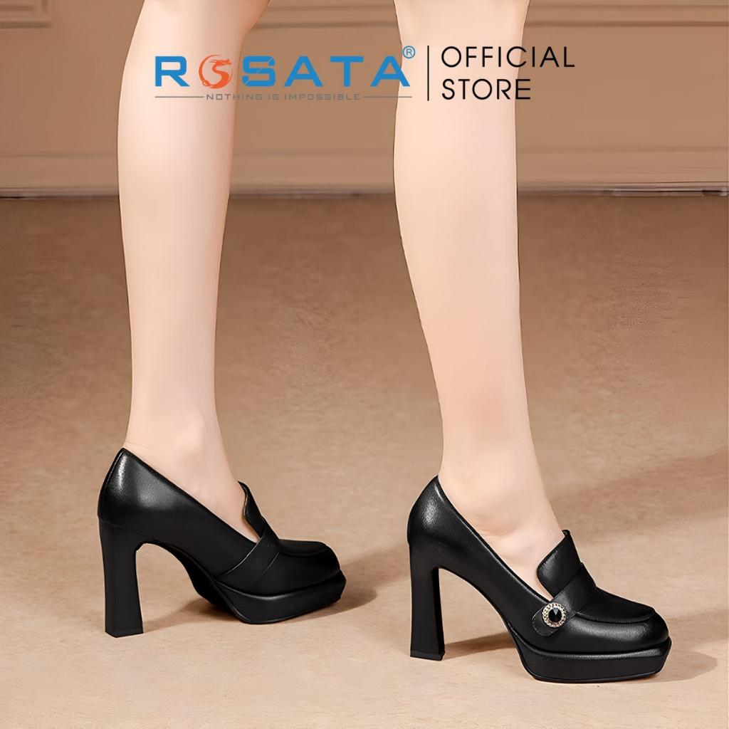 Giày cao gót nữ ROSATA RO625 đế vuông 9 phân mũi nhọn đúp phối kiểu thời trang - TRẮNG