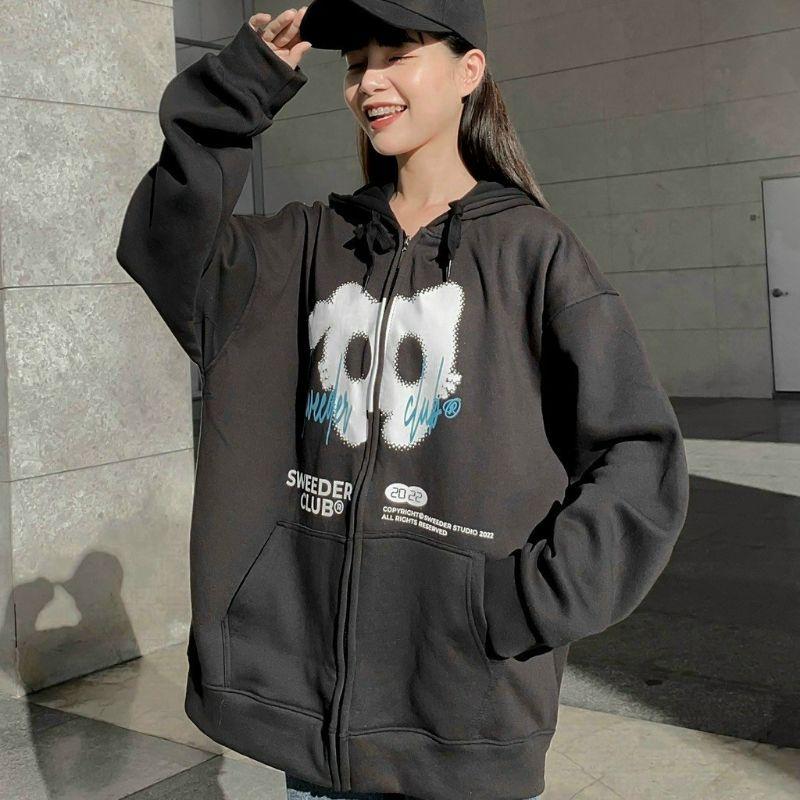 Hình ảnh Áo khoác nữ chất nỉ cao cấp form rộng có nón chống nắng cản gió thời trang, mẫu hoodie kéo zip hàn