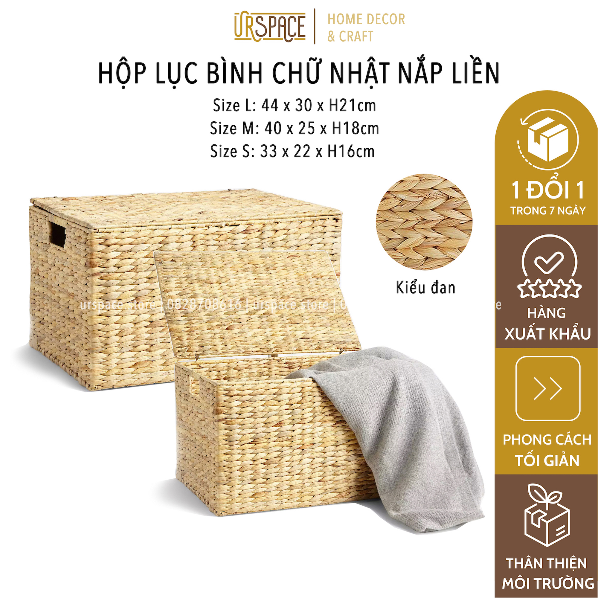 Hộp cói (lục bình) hình chữ nhật đựng quần áo, sách báo phong cách Hàn/ Hand-woven hyacinth rectangle box