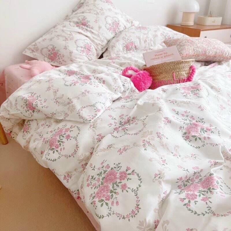 Bộ Chăn Ga Gối Cotton Living 100%cotton Hàng Nhập Khẩu Cao Cấp 4 Món Hoa Hồng Pháp