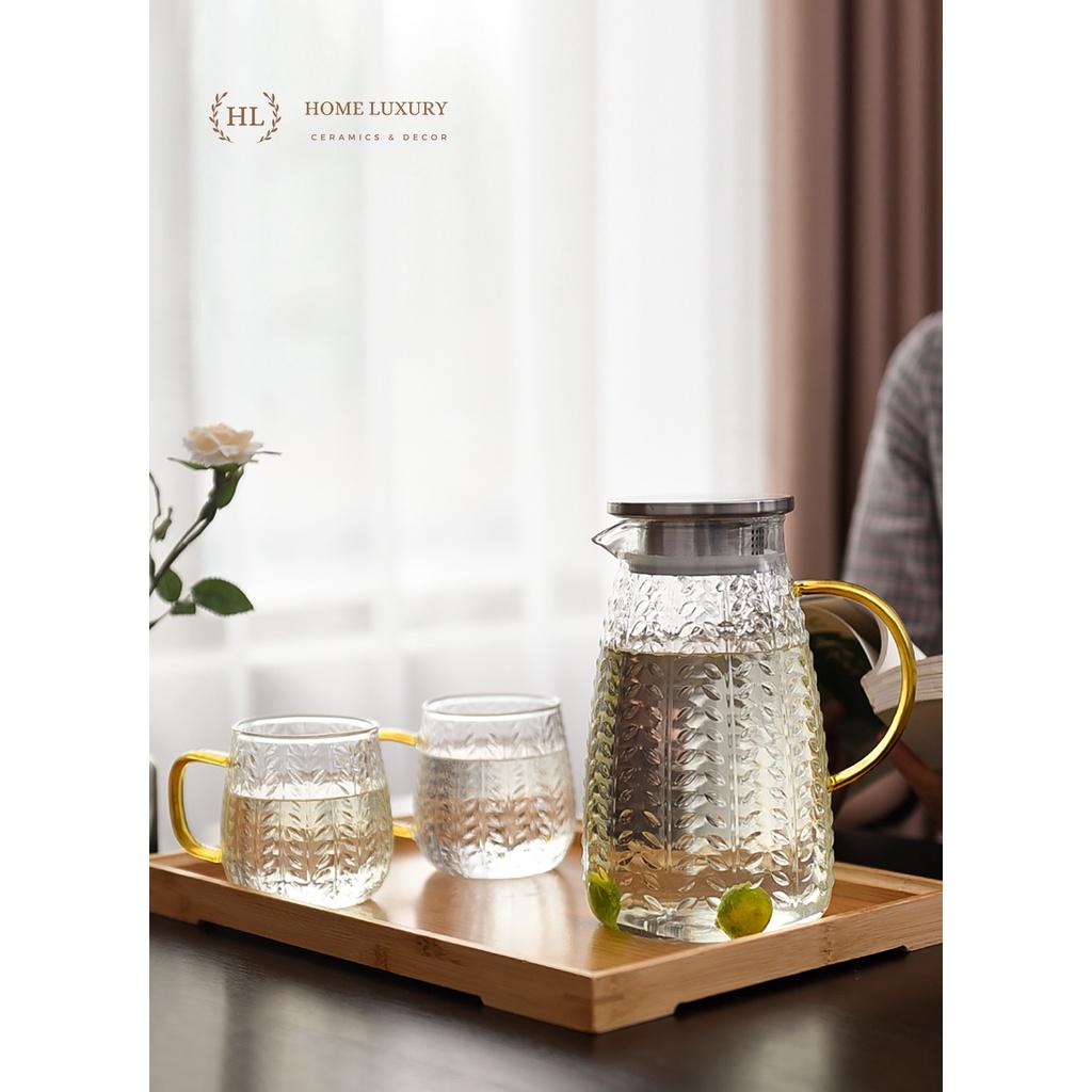 BÌNH  LY THỦY TINH CHỊU NHIỆT BOROSILICATE SIÊU BỀN SIÊU NHẸ CAO CẤP KHÔNG Ố MÀU HỌA TIẾT DẬP NỔI VÂN LÁ