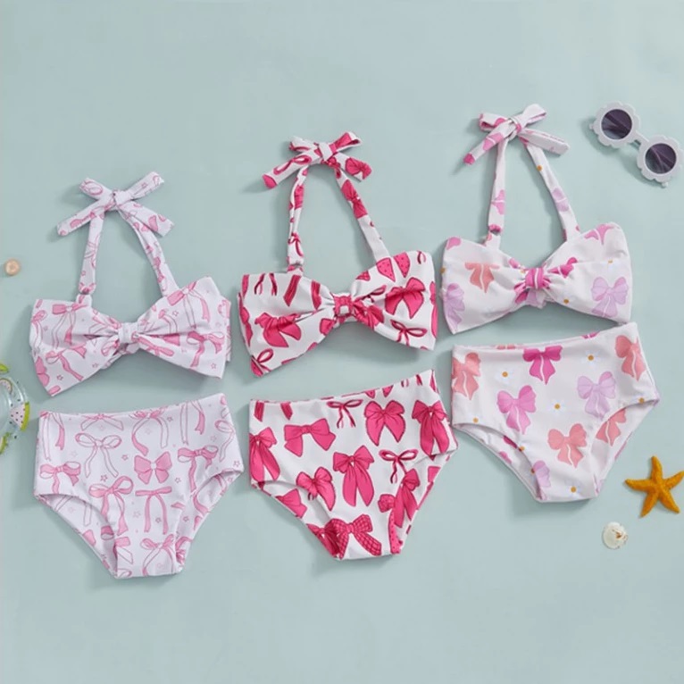 Set Bộ Đồ Bơi 2 Mảnh Bikini Họa Tiết Nơ Hồng Cho Bé Gái 1-5 Tuổi Từ 8-20.5kg Dành Cho Bé Gái