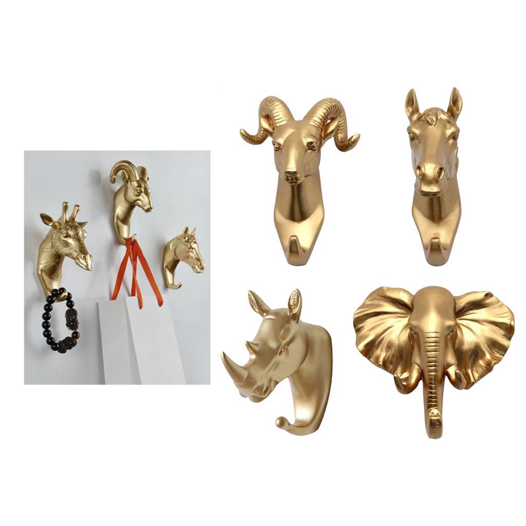 4x Animal Head Wall Hook Wall Mounted Keys Hat Hanger Rack Art Gold Color