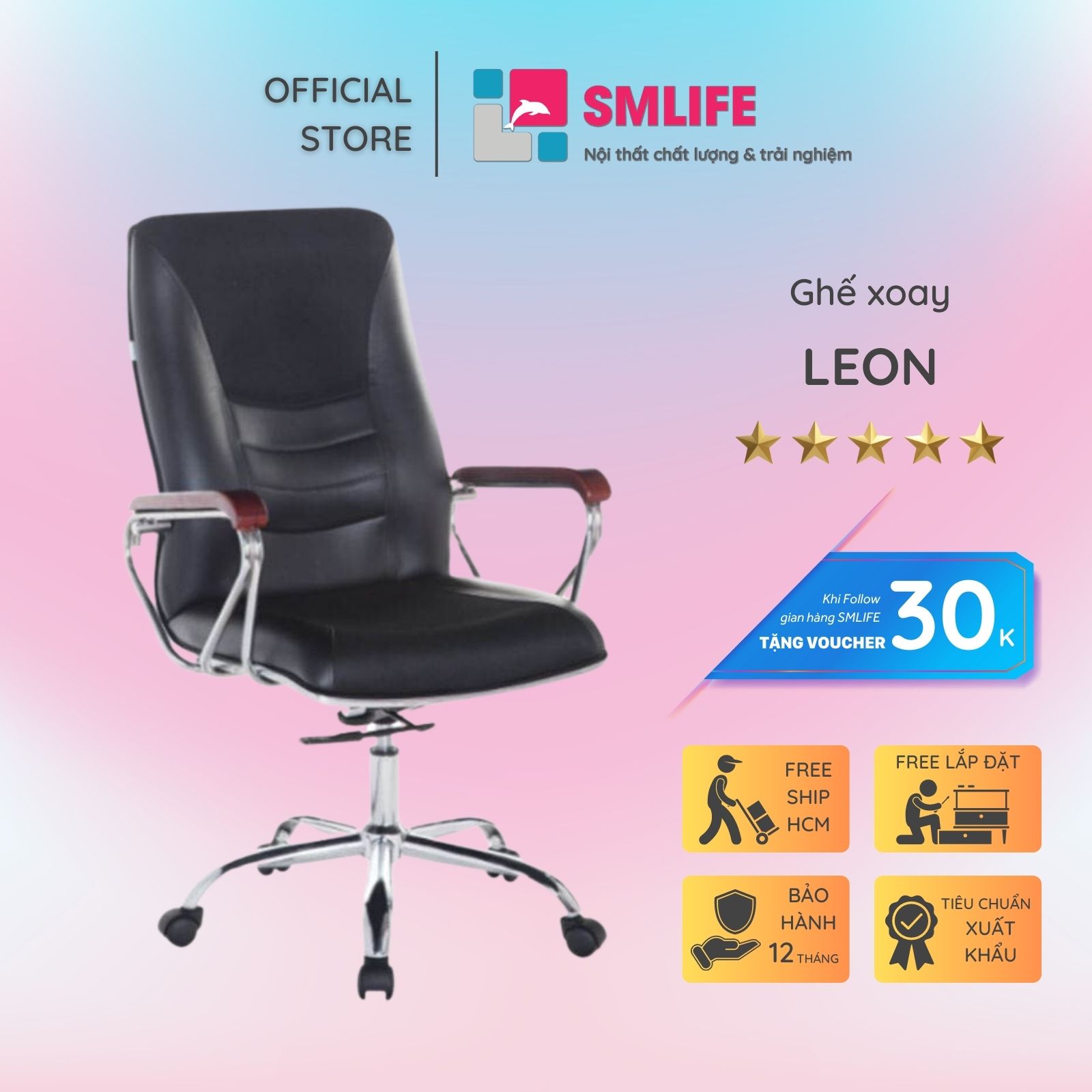 Ghế xoay văn phòng lưng cao bọc da SMLIFE Leon