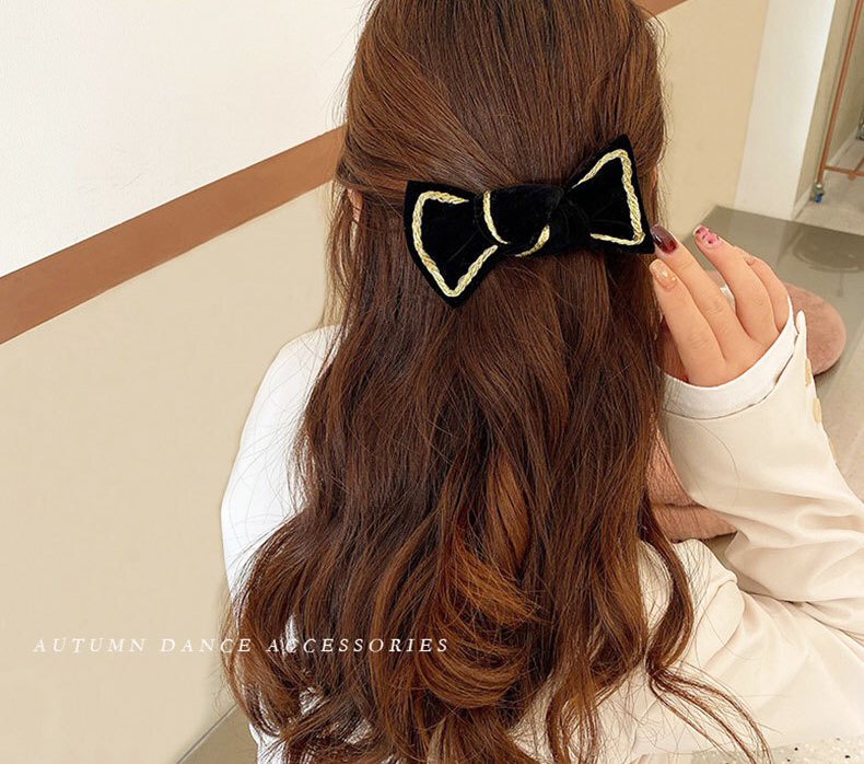 Kẹp tóc Hàn Quốc, cặp tóc nơ nhung viền vàng phong cách retro KT36