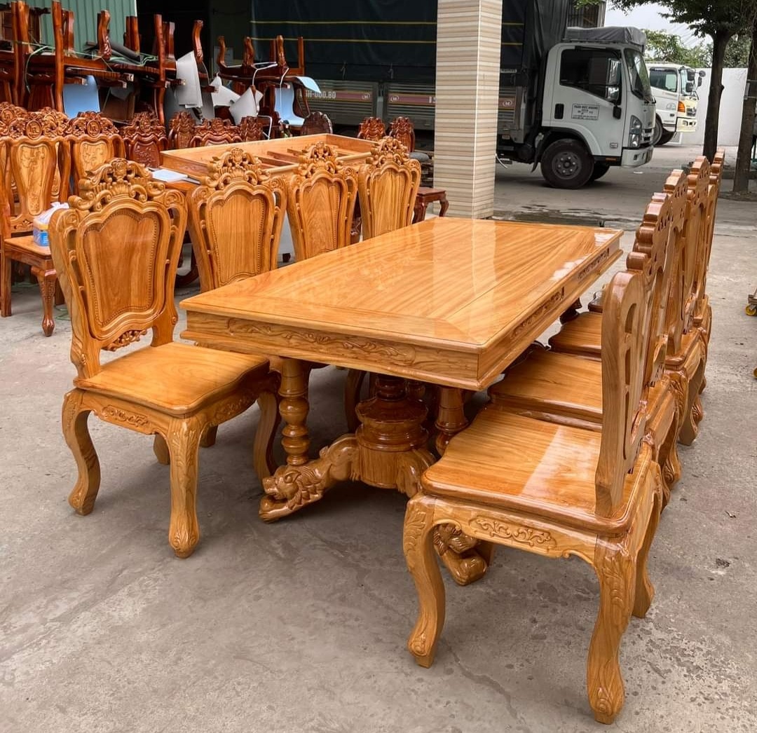Bộ bàn ăn 8 ghế gỗ gõ đỏ chân rồng, ghế tựa kiểu nhật