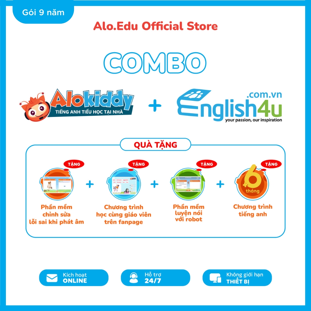Combo khóa học tiếng Anh trực tuyến ALOKIDDY dành cho học sinh Cấp 1 và Cấp 3 Nhận mã kích hoạt online áp dụng trên toàn quốc
