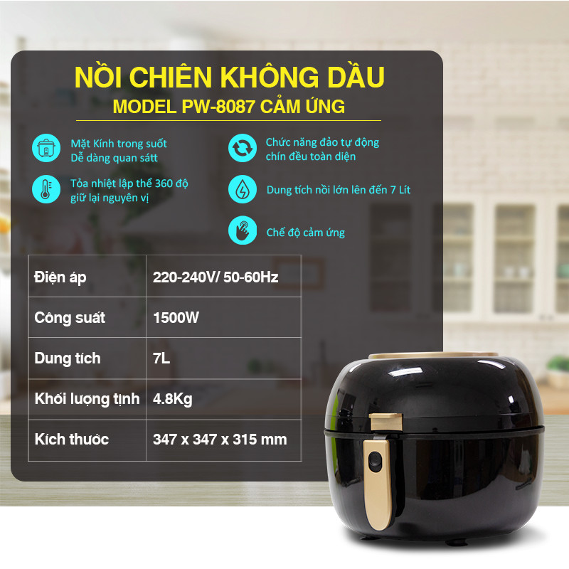 Nồi Chiên Không Dầu Công Nghệ Rapid Air - Chiên, Nướng Quay 360 Độ Model PW-8087D Cảm Ứng, Thân Thiện Cho Sức Khỏe, Dung Tích 7L Tiện Lợi, Tiết Kiệm Điện, Dễ Dàng Sử Dụng, Hàng Chính Hãng