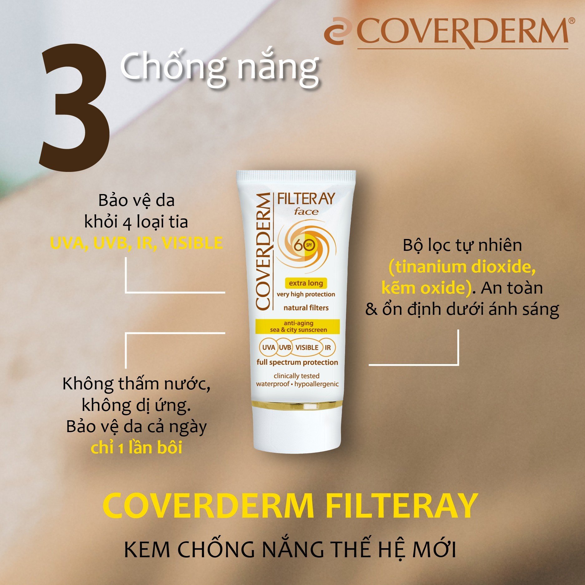 Kem Chống Nắng Vật Lý 1 Lần Bôi COVERDERM FILTERAY Chống Nước, Chống 4 Loại Tia UVA/UVB/HEV/IR Dung Tích 50ml (Có Màu và Không Màu) SPF 40,60,80