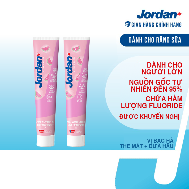 Combo 2 Kem đánh răng cho ngưởi lớn vị bạc hà dưa hấu Jordan Clean &amp; Fresh Cool - 75g