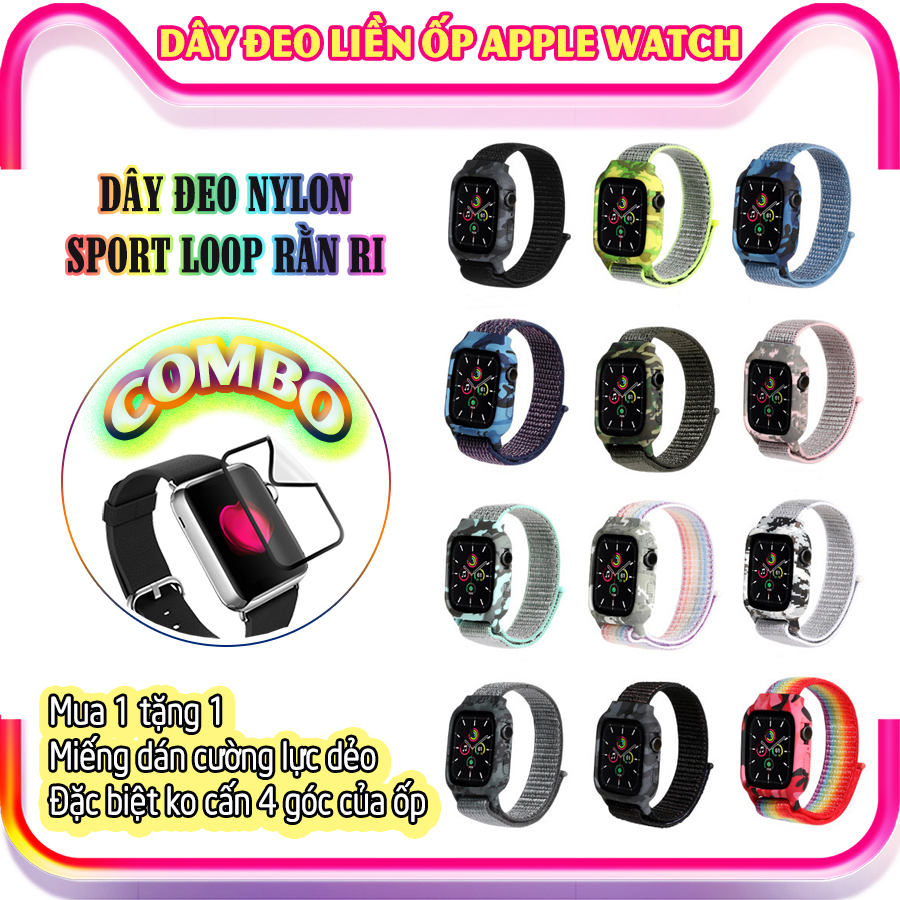 Dây Đeo liền ốp dành cho Apple Watch 7/6/5/4/3/2/1 size 38/40/41/42/44/45mm Sport Loop Nylon rằn ri - nhiều màu (tặng cường lực dẻo theo size)