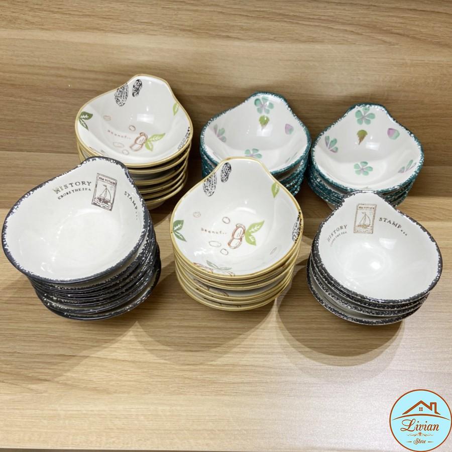 Bát gia vị ,bát ăn dặm bằng sứ có tay cầm họa tiết củ lạc, dứa, Stamp và hình lá xanh- KÈM ẢNH THẬT-HÀNG CÓ SẴN