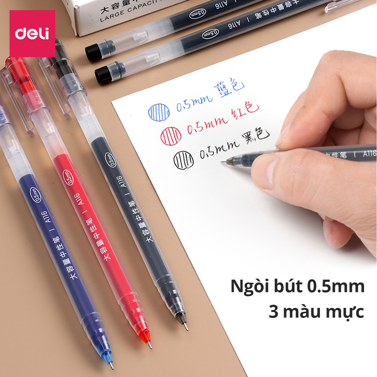 Bút gel 0.5mm Deli nhiều màu lựa chọn - Bút bi nước -  1 chiếc - Mực đỏ / Xanh / Đen - A116