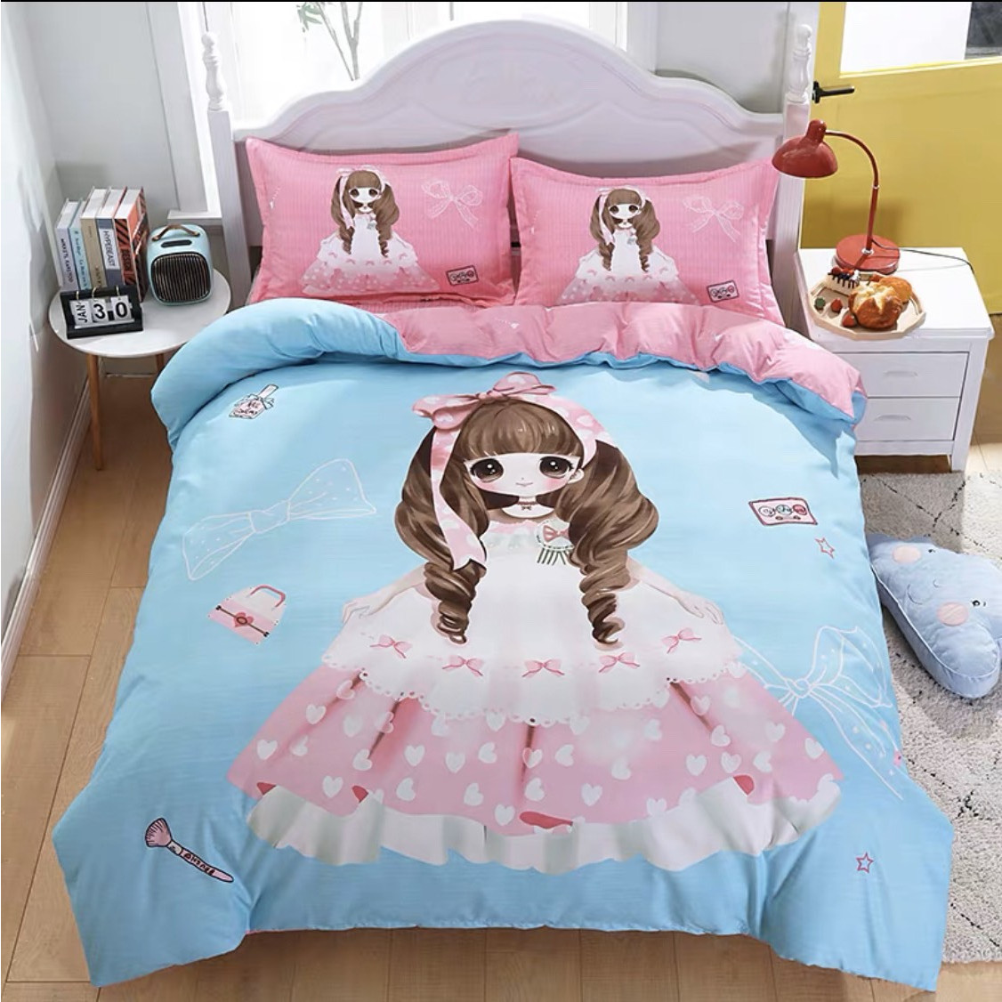 Bộ Drap & Chăn Phao Cotton Magic Búp Bê Xanh