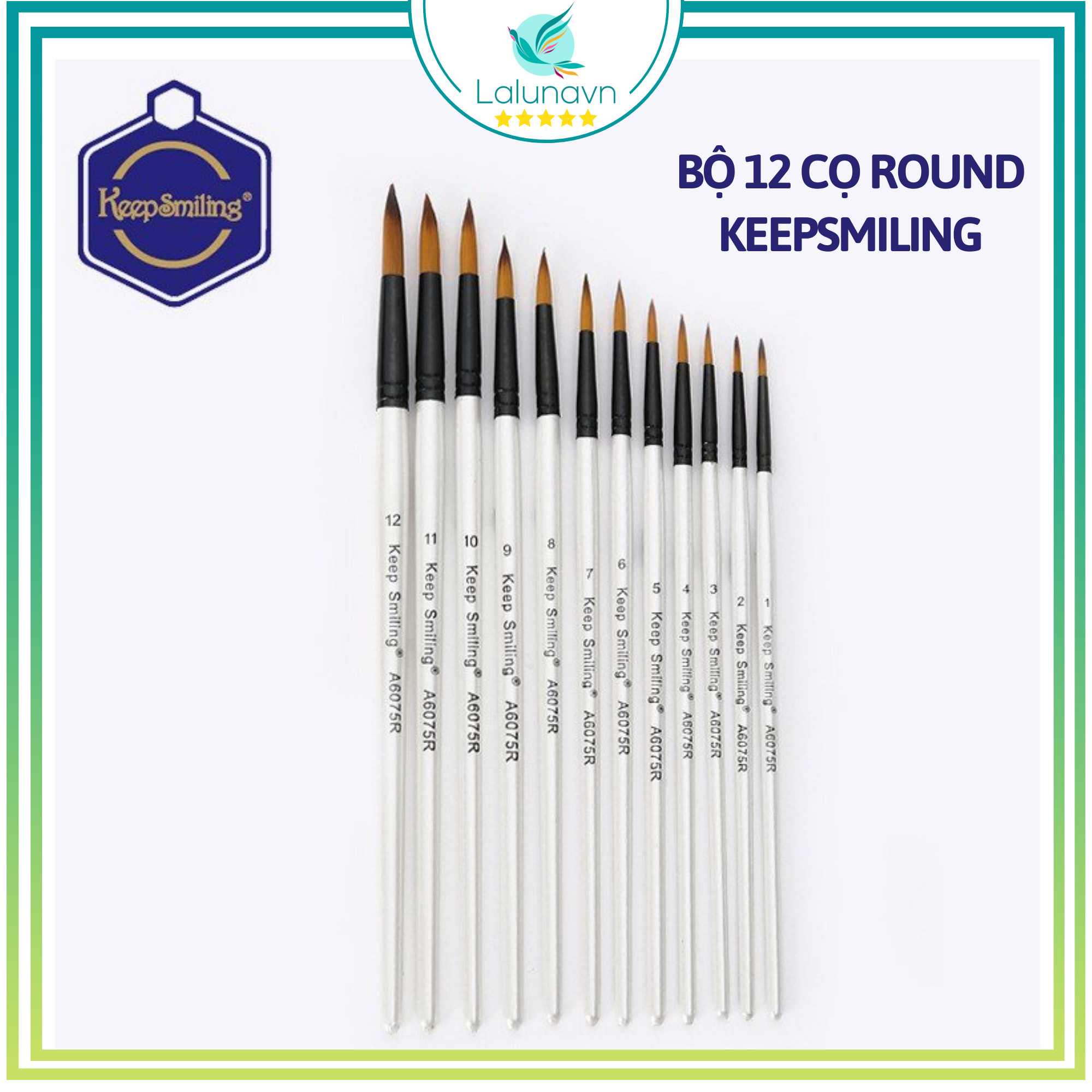 Bộ 12 cọ vẽ màu nước trắng ngọc trai dầu tròn Lalunavn, waterbrush Keep Smiling - B50