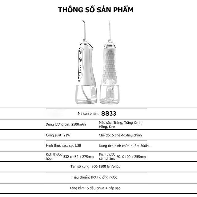 Máy tăm nước du lịch cầm tay Enpis SS33 Pro cao cấp chống nước với 5 chế độ chăm sóc răng miệng-Hàng Chính Hãng