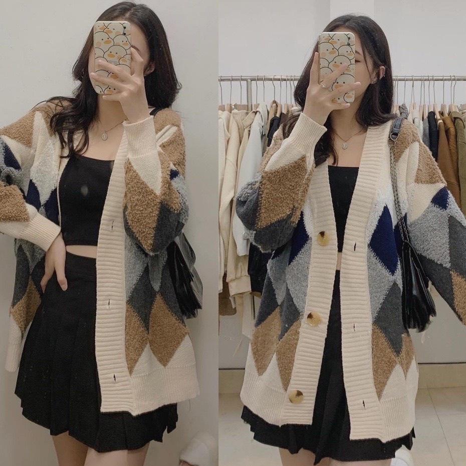 Áo Cardigan Len Chất Dày Họa Tiết Trám Ziczac Nổi Siêu Xinh