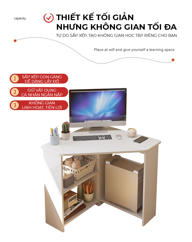 Bàn làm việc góc tường có chỗ để cây máy tính, bàn học sinh, bàn sinh viên, bàn văn phòng tiết kiệm diện tích - GP386