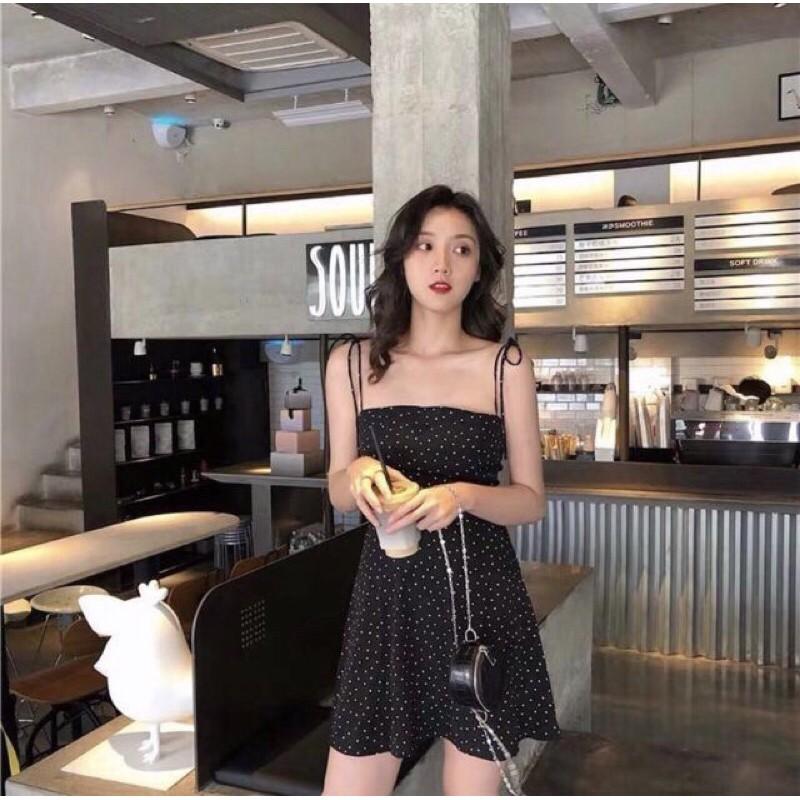 Đầm chấm bi 2 dây cột nơ siêu xinh