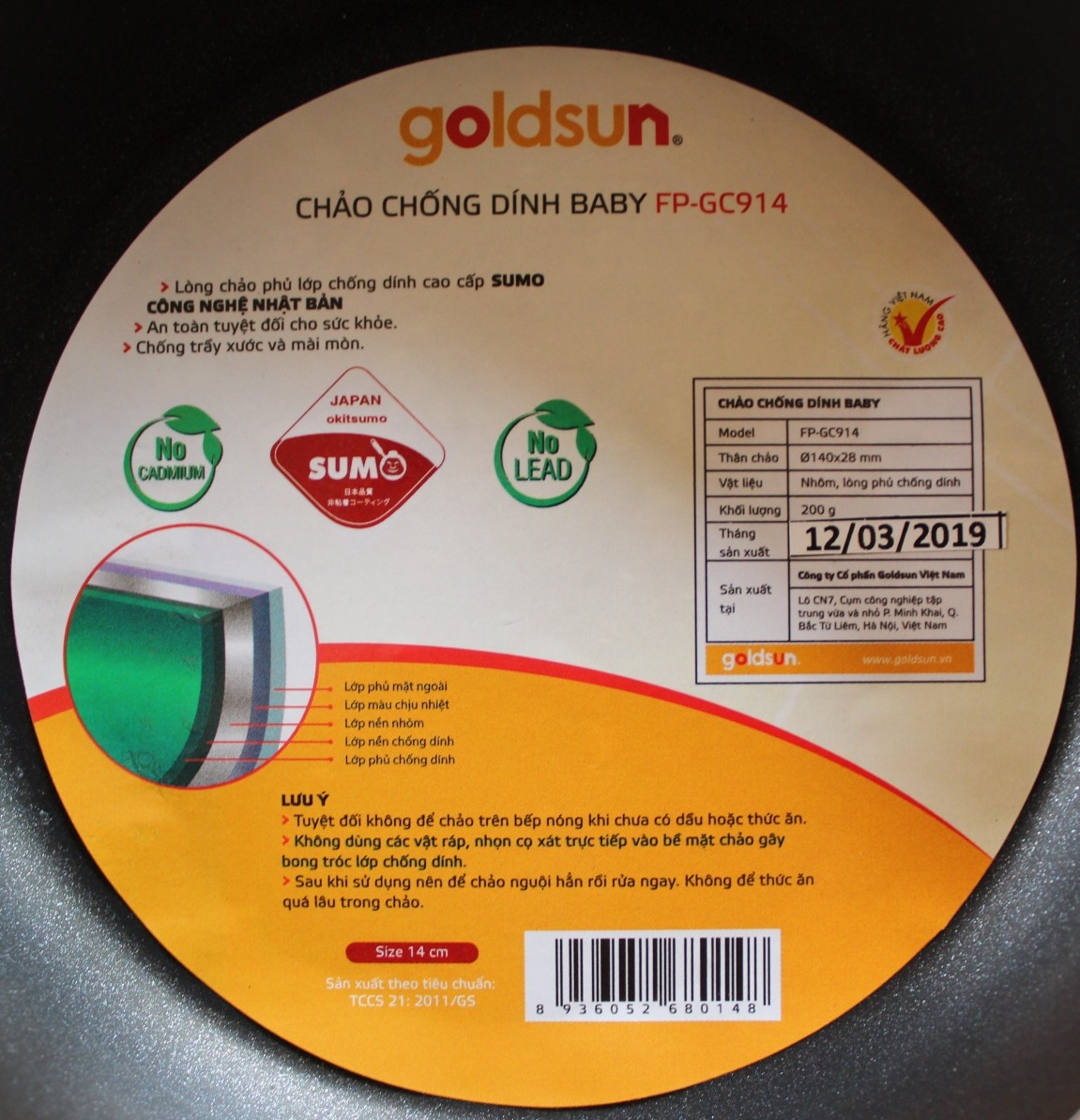 Chảo Chống Dính Baby Goldsun FP-GC914 - Màu Ngẫu Nhiên - Chính Hãng