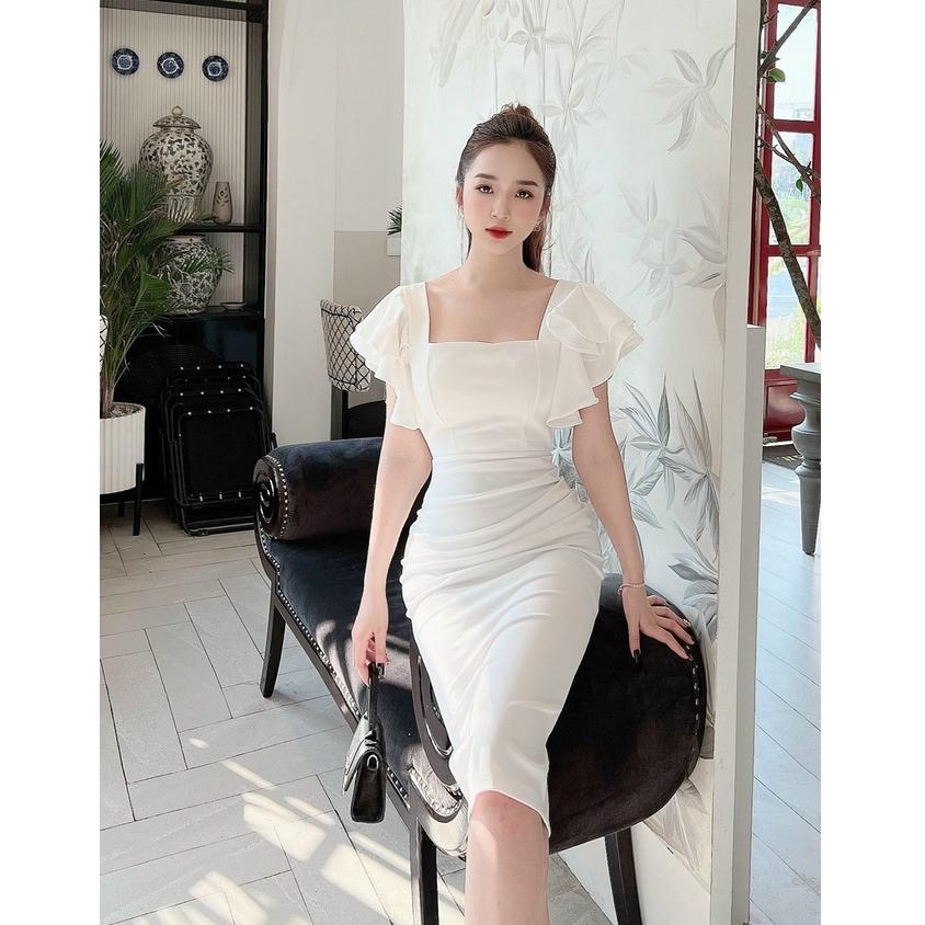 Đầm body dự tiệc cổ vuông tay bèo 2 lớp sang chảnh