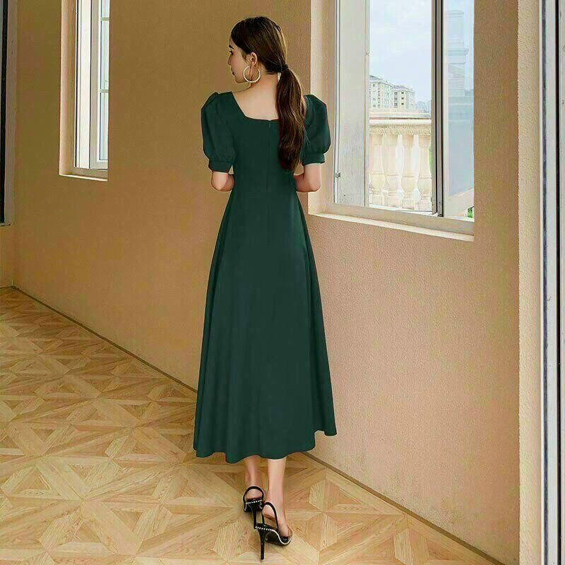 ĐẦM MAXI XANH CỔ VUÔNG TAY PHỒNG
