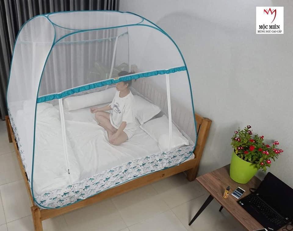 Màn chụp cao cấp Mộc Miên Hoạ Tiết Xanh  Ngọc Cá Mập - Kích thước 1,8mx2m - 2 cửa ( Hà nội )