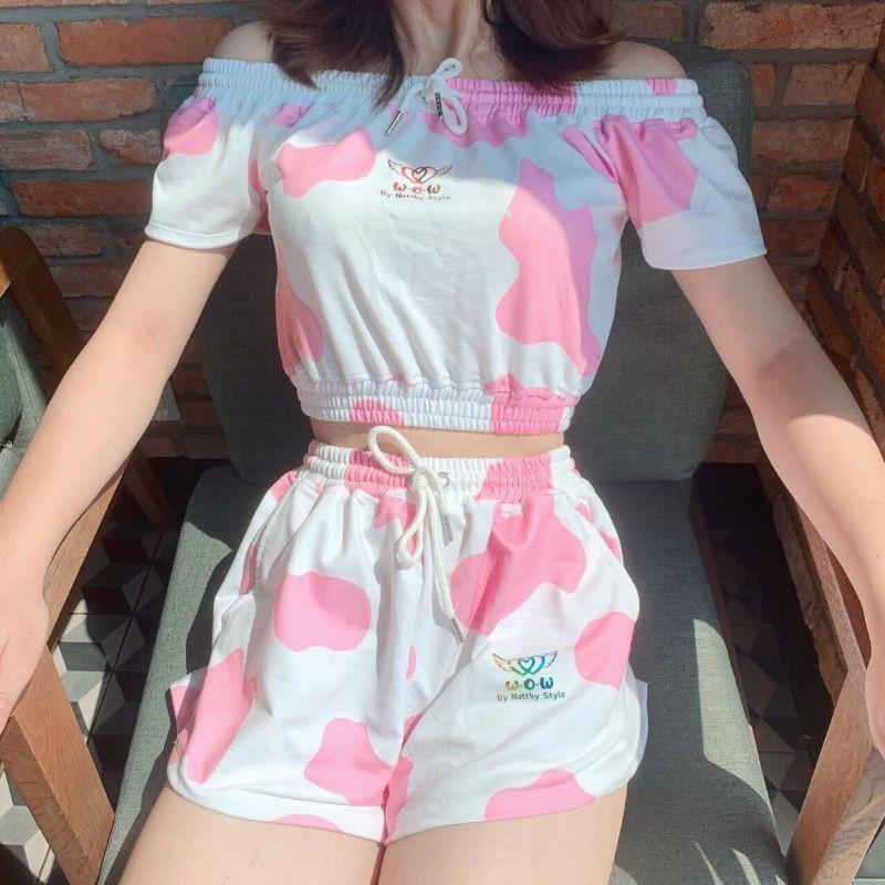 Đồ bộ bò sữa 3 màu trễ vai siêu cute