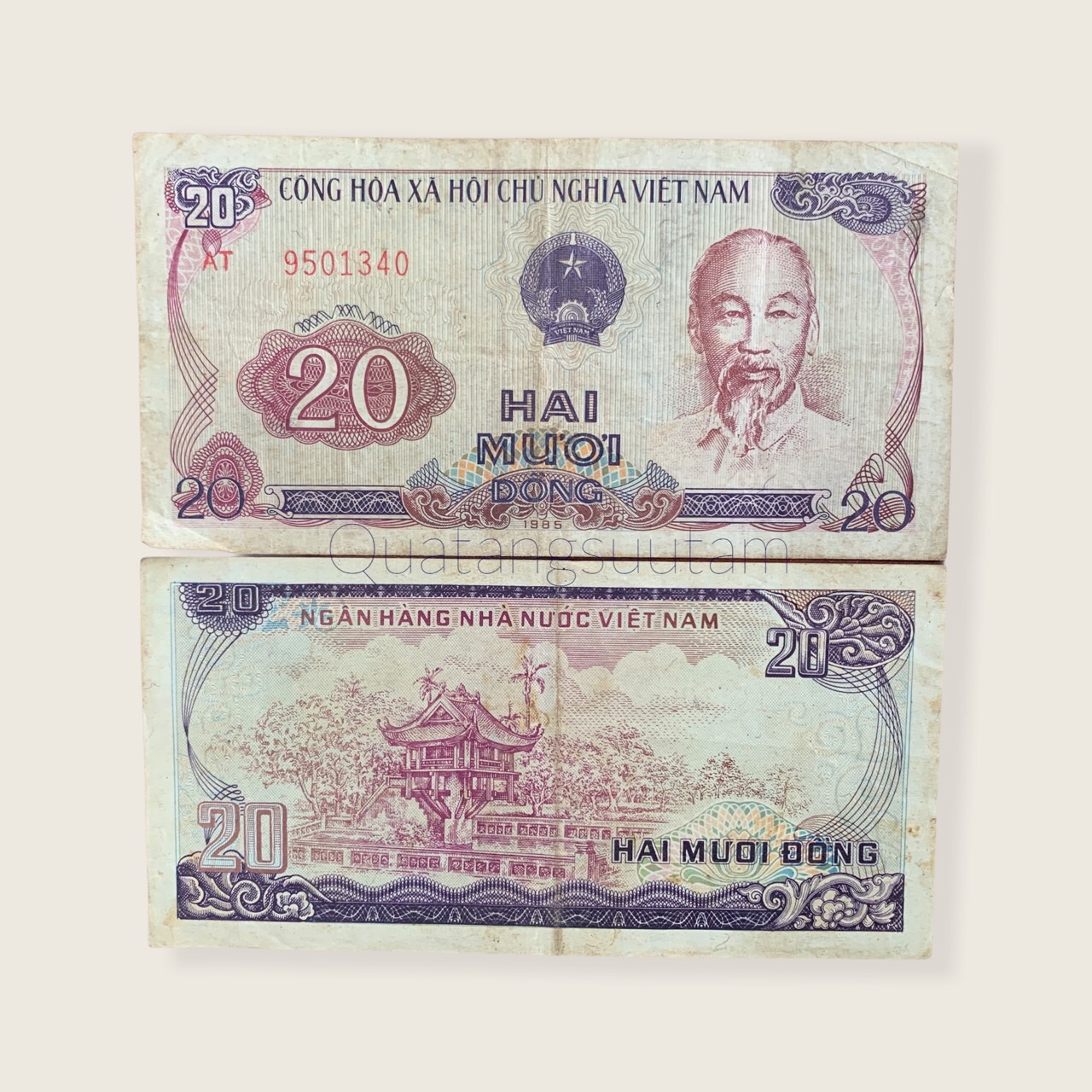 Tờ 20 đồng 1985 Chùa một cột ở Hà Nội tiền xưa bao cấp.